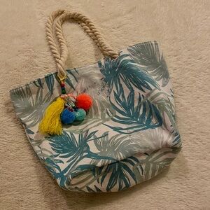 WEST LOOP Beach Tote Bag w/ Tropical Leaf Design & Colorful PomPoms. Durable.